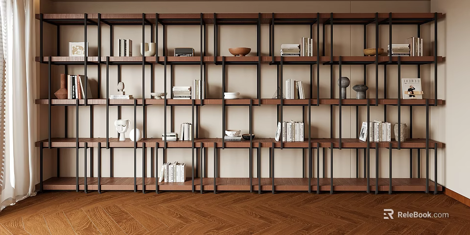 Modern Wooden Bookshelf With Open Shelves Holding Books And Decorative Items For Living Room Interior 3d model 