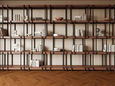 Modern Wooden Bookshelf With Open Shelves Holding Books And Decorative Items For Living Room Interior 3d model