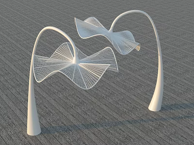 Modern White Sculptures with Curved Arch Design and Net Like Structure on Conical Bases 3d model