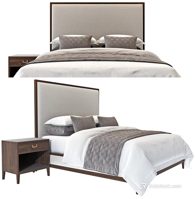 Elegant Modern Double Bed Setup With Upholstered Headboard And Nightstand 3d model