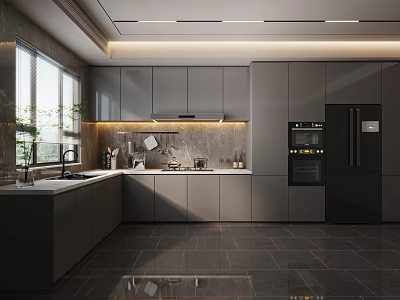 Modern Kitchen Interior With Gray Cabinets Black Appliances Marble Countertop And Recessed Lighting 3d model