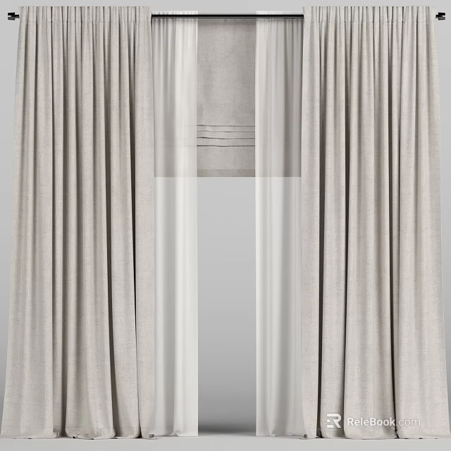 Light Gray Linen Curtains With Sheer Layer For Elegant Window Treatment 3d model 
