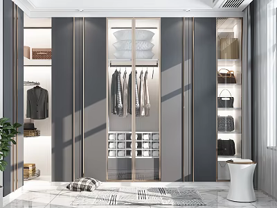 Modern Wardrobe With Glass Doors Golden Frames Hanging Clothes And Storage Shelves 3d model