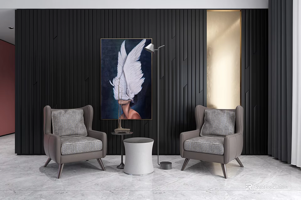 Leisure Sofa Set Featuring Gray Armchairs Plaid Cushions White Wing Painting and Black Striped Wall 3d model 