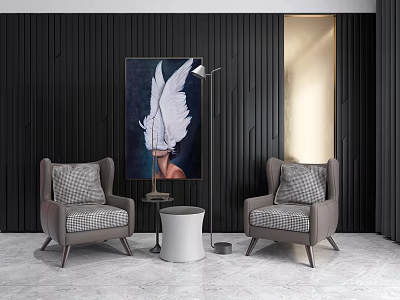 Leisure Sofa Set Featuring Gray Armchairs Plaid Cushions White Wing Painting and Black Striped Wall 3d model