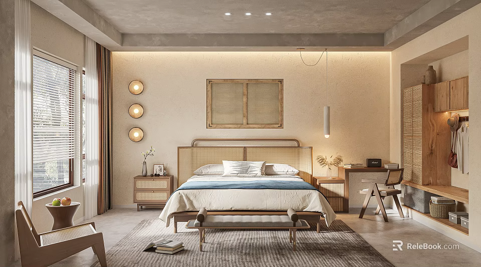 Warm Cozy Bedroom Interior With Wooden Bed Frame Woven Art And Textured Rug 3d model 