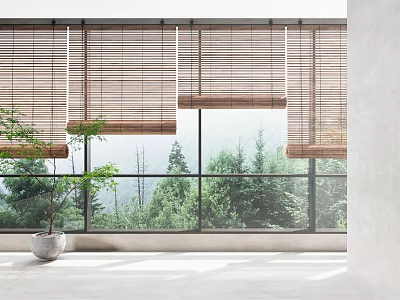 Bamboo Blinds In Bright Modern Room With Green Trees View And Indoor Plant 3d model