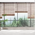 Bamboo Blinds In Bright Modern Room With Green Trees View And Indoor Plant