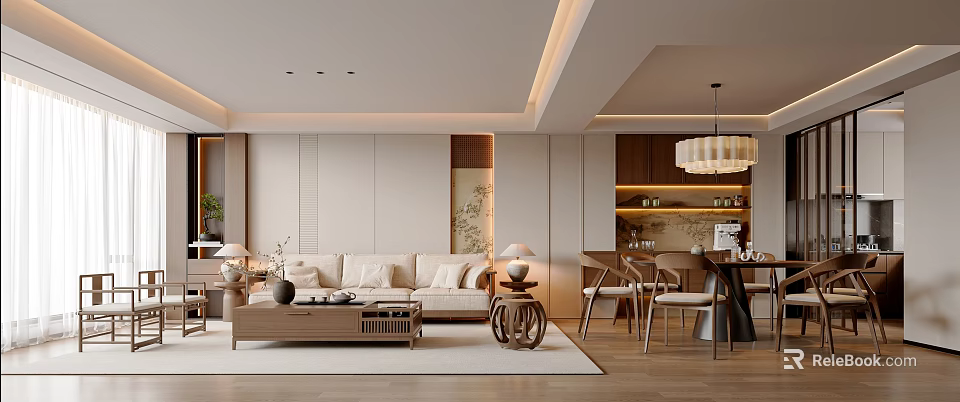 Modern Living And Dining Room Interior With Sofa Coffee Table Dining Chairs And Decorative Elements 3d model