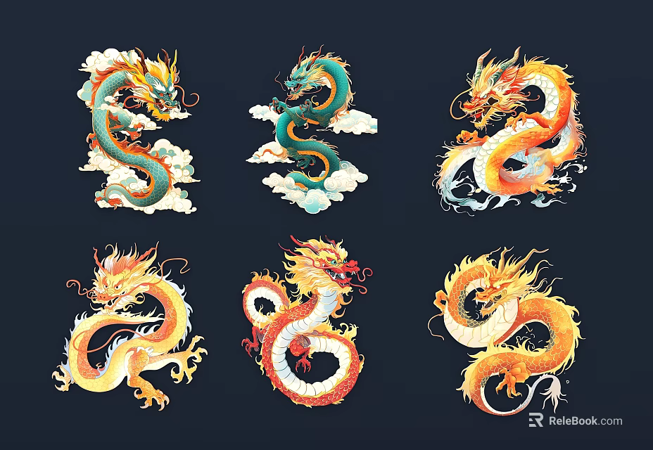 Colorful Dragon Themed Wall Decor With Cloud Patterns And Ornamental Designs 3d model 
