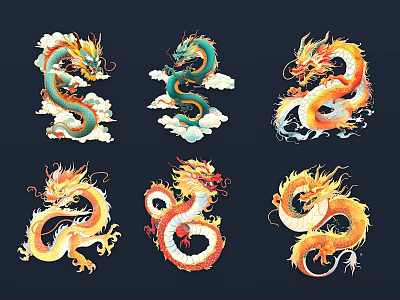 Colorful Dragon Themed Wall Decor With Cloud Patterns And Ornamental Designs 3d model
