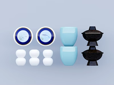 Stylish Household Items With Blue White Plates Light Blue Cups Black Containers And White Balls 3d model