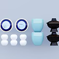 Stylish Household Items With Blue White Plates Light Blue Cups Black Containers And White Balls