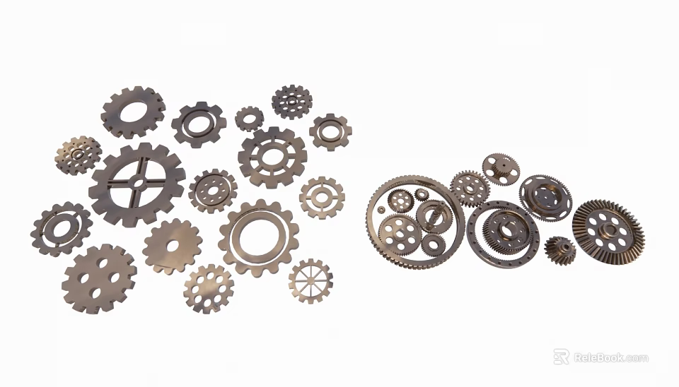 Various Metal Gears Arranged In Abstract Pattern With Different Sizes And Designs 3d model