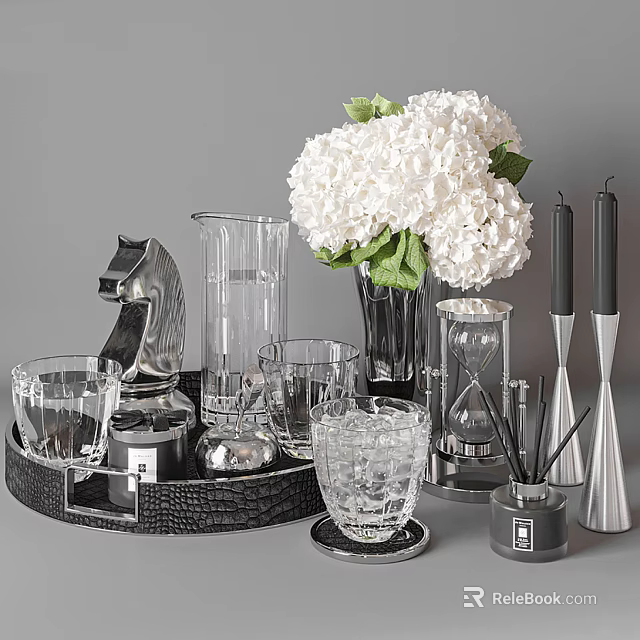 Elegant Glass Cups on Black Tray with White Hydrangea Vase Hourglass Candles and Metal Decor 3d model 