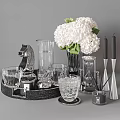 Elegant Glass Cups on Black Tray with White Hydrangea Vase Hourglass Candles and Metal Decor