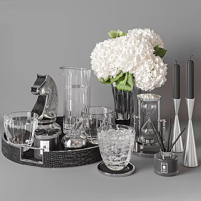 Elegant Glass Cups on Black Tray with White Hydrangea Vase Hourglass Candles and Metal Decor 3d model