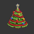 Green Layered Christmas Tree Decorated With Red Ribbons Colorful Balls And Golden Star