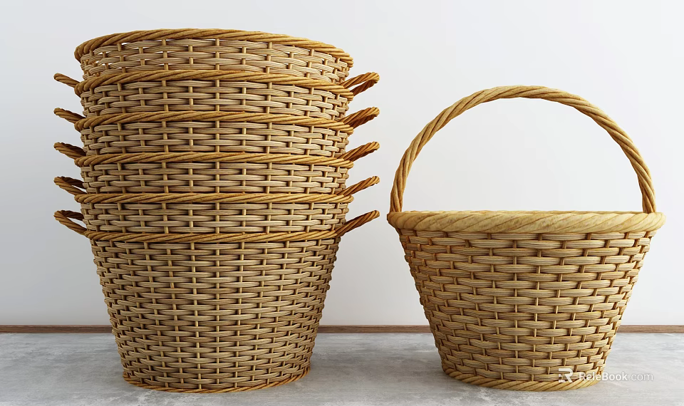 Light Brown Woven Rattan Storage Baskets Stacked And Single With Handle For Home Organization 3d model 