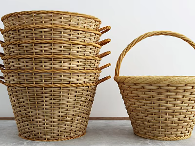 Light Brown Woven Rattan Storage Baskets Stacked And Single With Handle For Home Organization 3d model