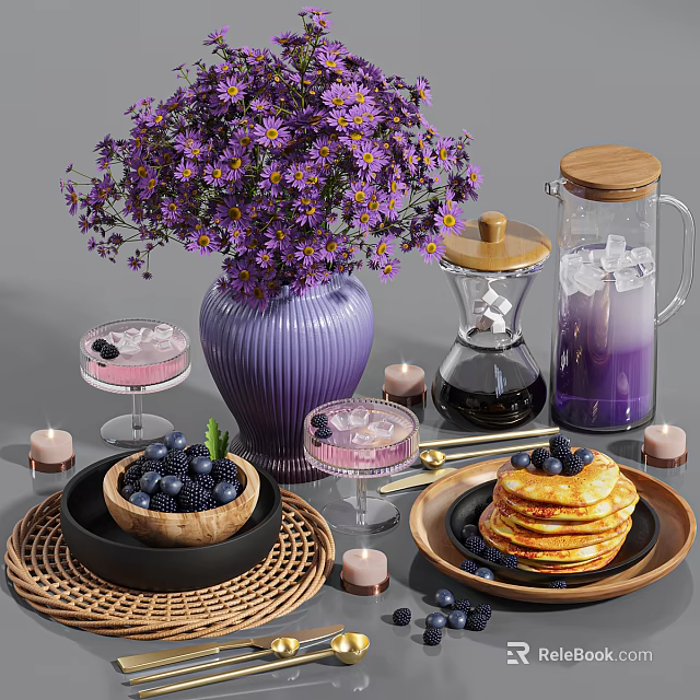 Elegant Dinnerware Set With Purple Flowers Glass Jug Ice Candles Blueberries Pancakes And Wicker Placemats 3d model 