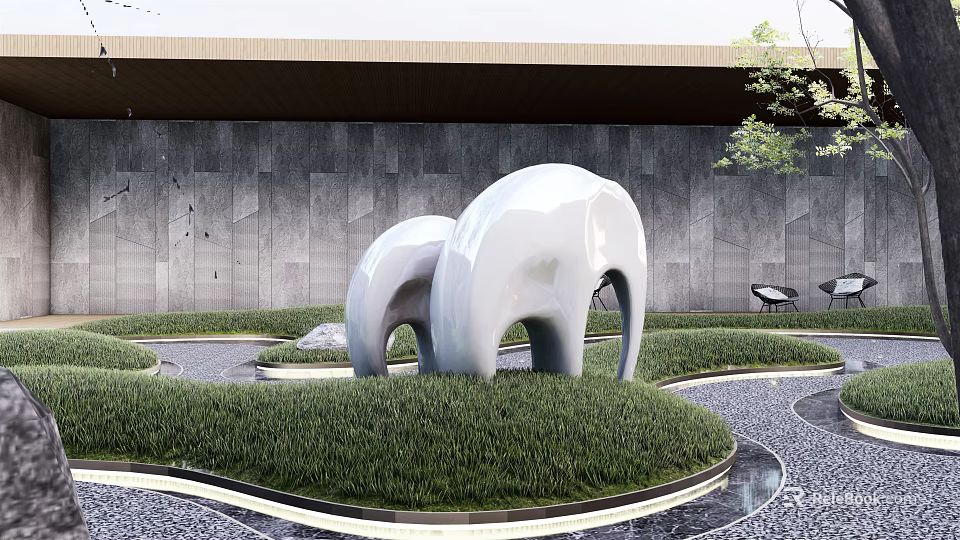White Abstract Elephant Sculpture in Outdoor Garden With Green Grass And Gray Stone Wall 3d model 
