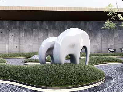 White Abstract Elephant Sculpture in Outdoor Garden With Green Grass And Gray Stone Wall 3d model