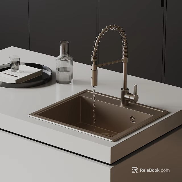 Modern Luxury Kitchen Sink With Brushed Gold Faucet And Countertop Tray Glass Decor 3d model 