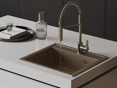 Modern Luxury Kitchen Sink With Brushed Gold Faucet And Countertop Tray Glass Decor 3d model