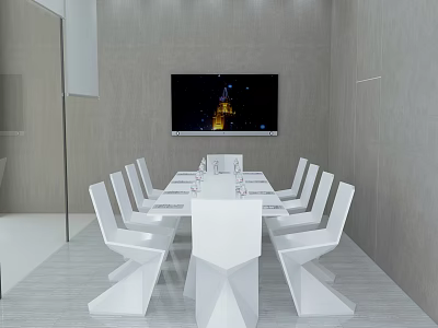 Modern Conference Room Interior With White Meeting Table Chairs And Wall Mounted TV 3d model