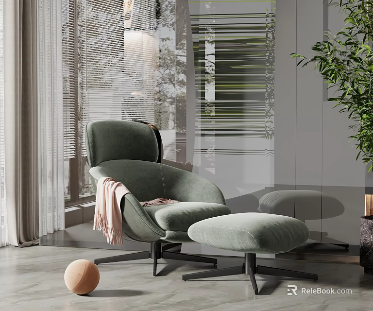 Elegant Green Single Sofa With Ottoman And Soft Blanket By Window Plant 3d model