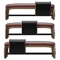 Brown And Black Leather Upholstered Footstool With Wooden Carved Legs