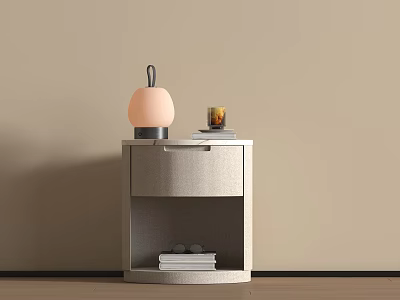 Modern Light Gray Bedside Table With Drawer Open Shelf And Pink Lamp Glass Cup Books 3d model