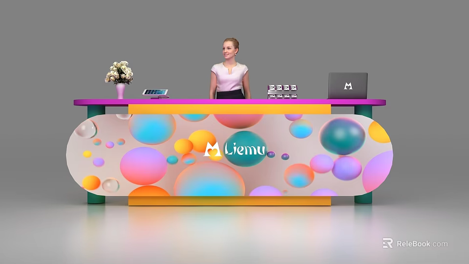 Stylish Modern Reception Desk With Vibrant Sphere Patterns And Liemu Logo Design 3d model