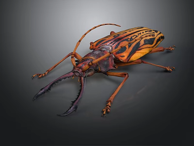 Orange and Black Striped Beetle With Long Antennae Large Mandibles and Distinctive Exoskeleton 3d model