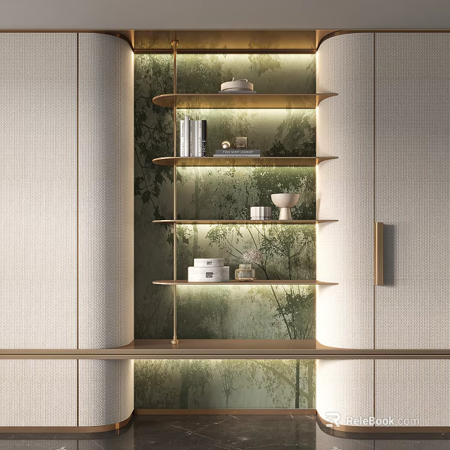 Elegant Modern Decorative Cabinet with Multiple Shelves Displaying Books Bowls Vases and Green Plant Design 3d model 