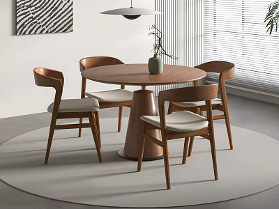 Modern Minimalist Round Wooden Dining Table With Four Chairs Green Plant And Pendant Light 3d model