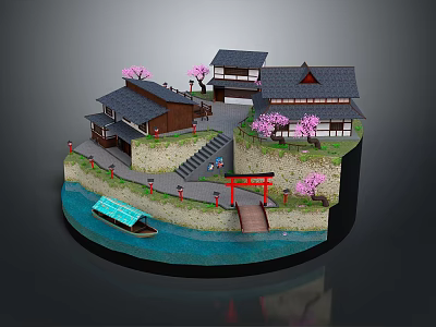 Cartoon Scene of Japanese Houses with Cherry Blossom Trees River Boat and Red Torii Gate 3d model
