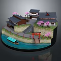 Cartoon Scene of Japanese Houses with Cherry Blossom Trees River Boat and Red Torii Gate