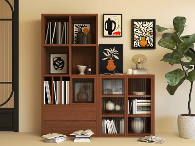 Brown Wooden Console Cabinet With Shelves Books Decorations And Artworks Near Green Plant 3d model