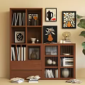Brown Wooden Console Cabinet With Shelves Books Decorations And Artworks Near Green Plant