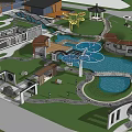 Park Landscape with Water Pond Walkways Wooden Pavilion Circular Shade Structures and Green Lawns