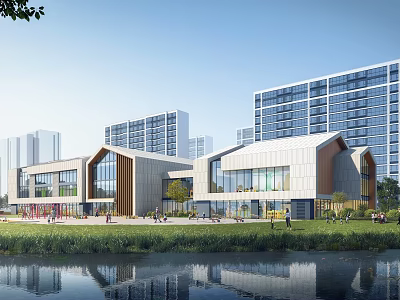 Modern School Building With Waterfront And Green Space 3d model