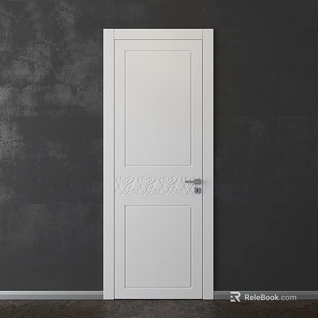 Modern White Hinged Door Featuring Decorative Carved Panel On Dark Wall 3d model