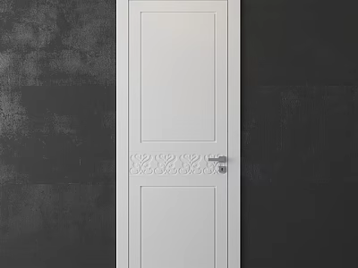 Modern White Hinged Door Featuring Decorative Carved Panel On Dark Wall 3d model