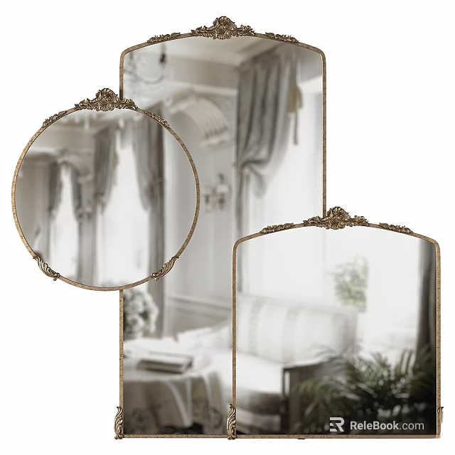 Ornate Gold Framed Decorative Mirrors Round and Rectangular in Elegant Bedroom with Curtains and Plant 3d model 