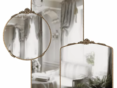 Ornate Gold Framed Decorative Mirrors Round and Rectangular in Elegant Bedroom with Curtains and Plant 3d model