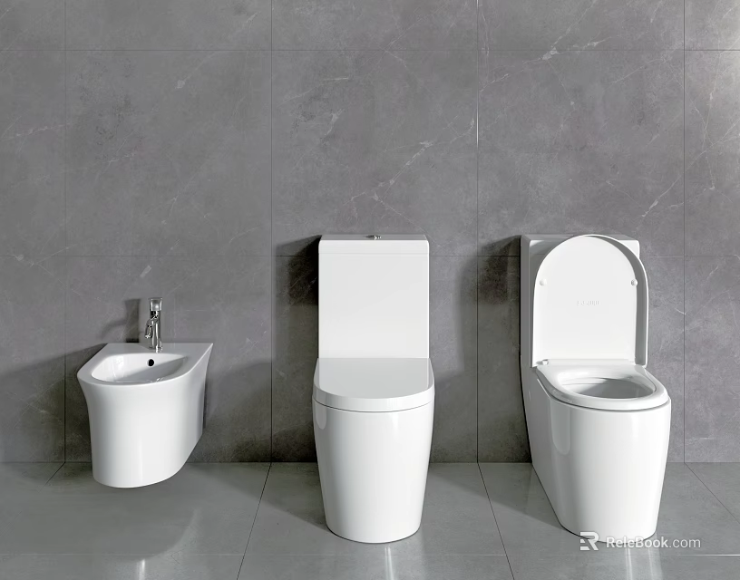 Modern Bathroom Interior With Three White Toilets And Sink Against Grey Tile Walls 3d model 