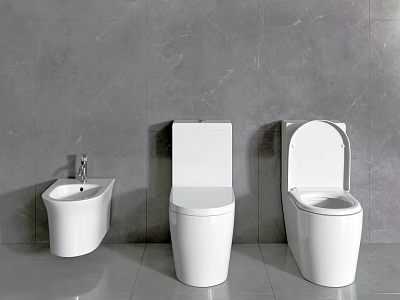 Modern Bathroom Interior With Three White Toilets And Sink Against Grey Tile Walls 3d model
