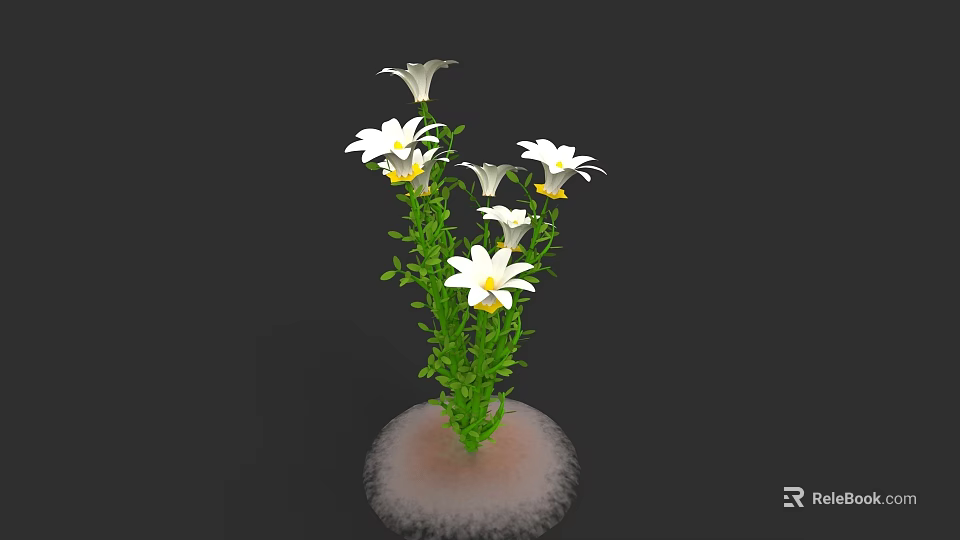Detailed Plant Painting With White Flowers Green Stems And White Base 3d model 